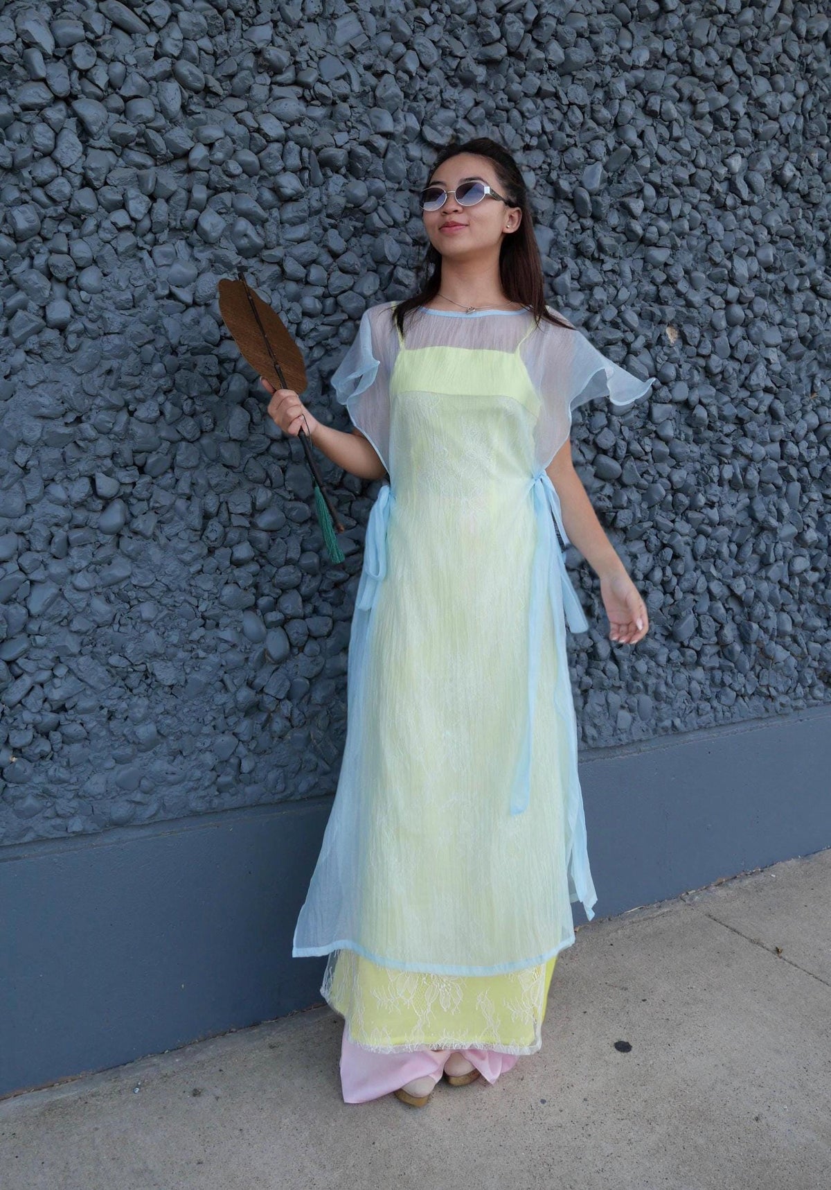 CachTanRen Vietnamese ao dai 2 pieces yellow or green, pants included