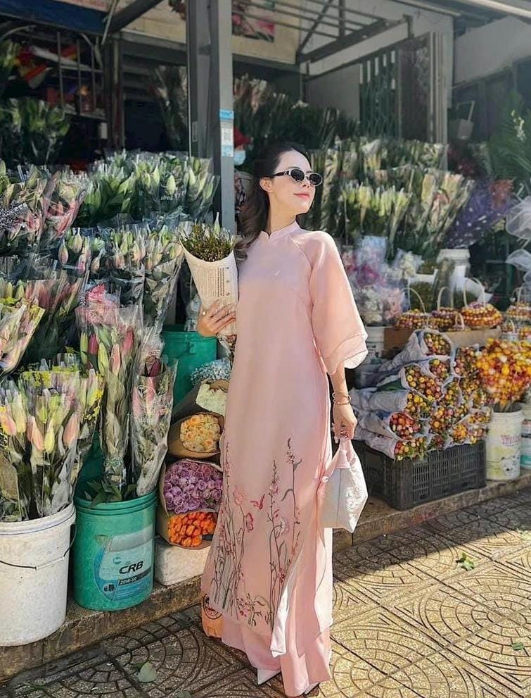 Vietnamese ao dai TienSa pink, pants included