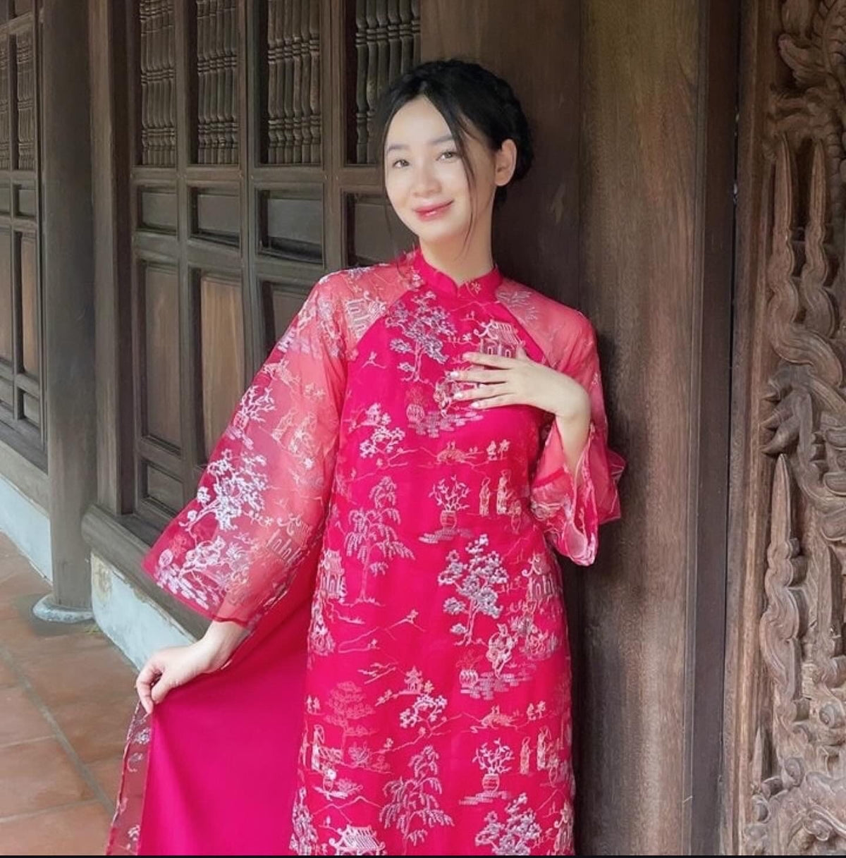 Vietnamese aodai ThuyMac rose pink ao dai, pants included