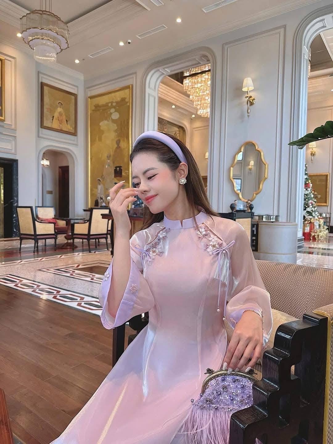 LynnTim Vietnamese aodai cutout purple beaded, pants included