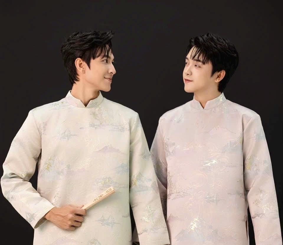 Vietnamese aodai for men Gam tafta VanMay ao dai light beige, light pink