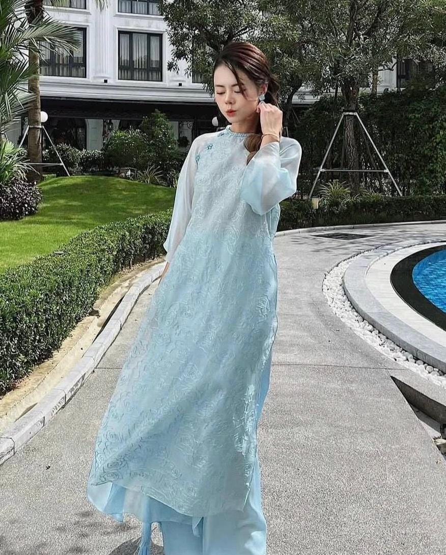 LamVy Vietnamese ao dai sky blue, pants included