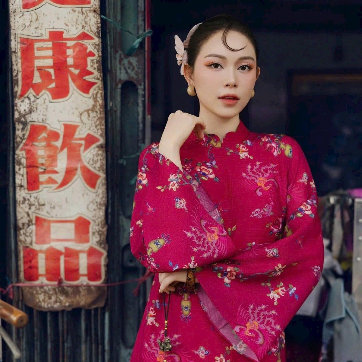 Vietnamese ao dai Lilam fushia printed aodai, pants included