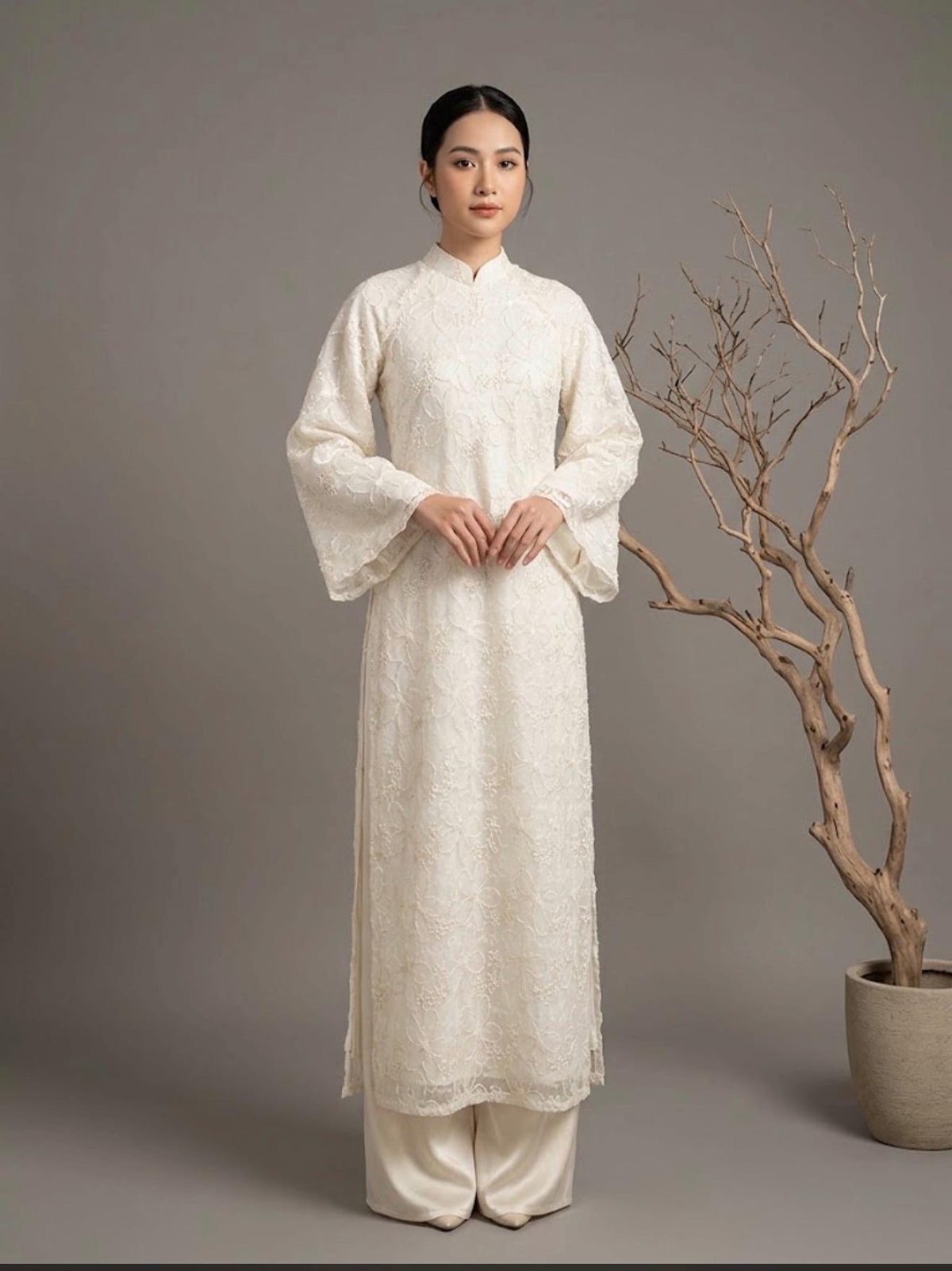 NhuHien Vietnamese aodai 3d floral in pink, creamy white or mint, pants included