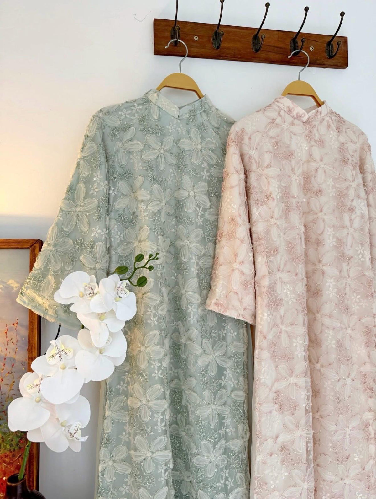 NhuHien Vietnamese aodai 3d floral in pink, creamy white or mint, pants included