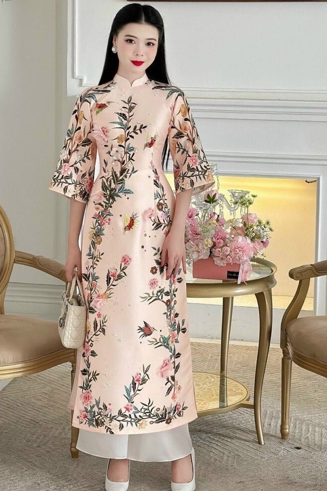XuanVien Vietnamese ao dai cream nude, pants included