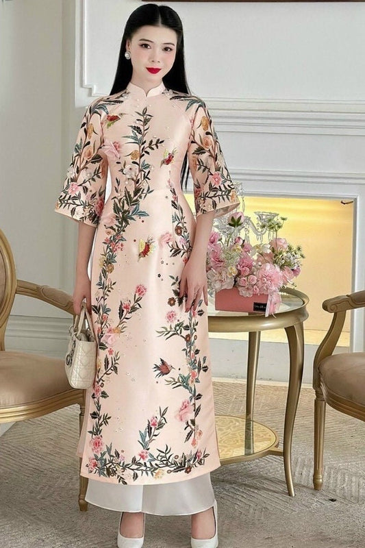 XuanVien Vietnamese ao dai cream nude, pants included