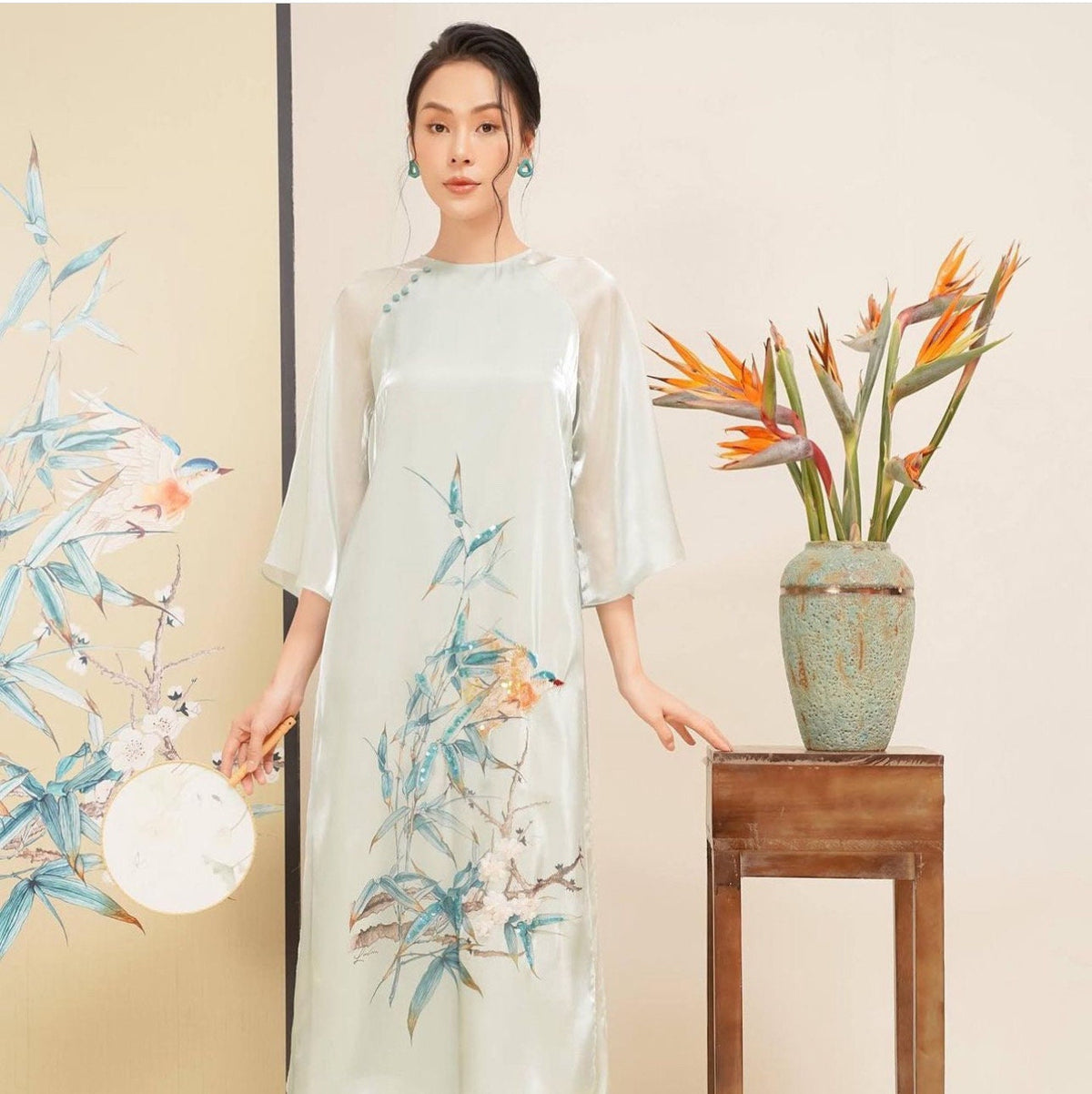 Vietnamese ao dai TrucVien green loose style, pants included