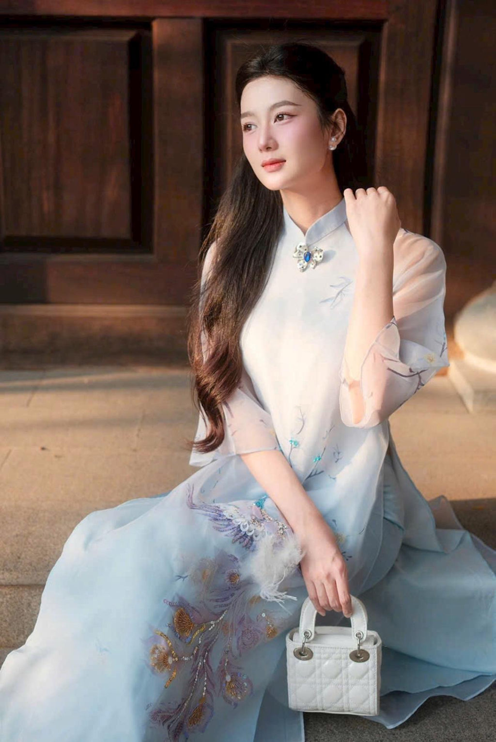 LamDong Vietnamese ao dai blue, brooch and pants included