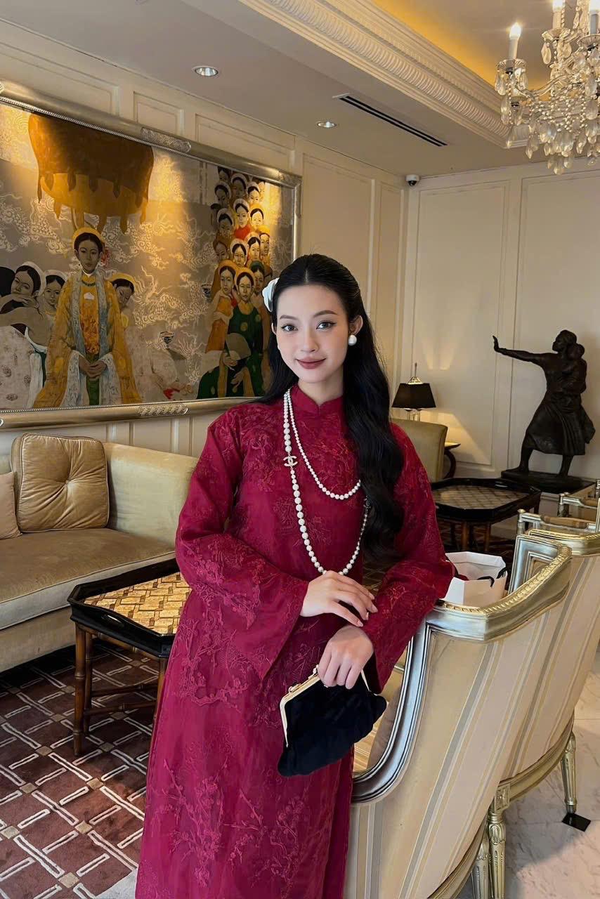 Vietnamese ao dai Moc embroidered burgundy, pants included