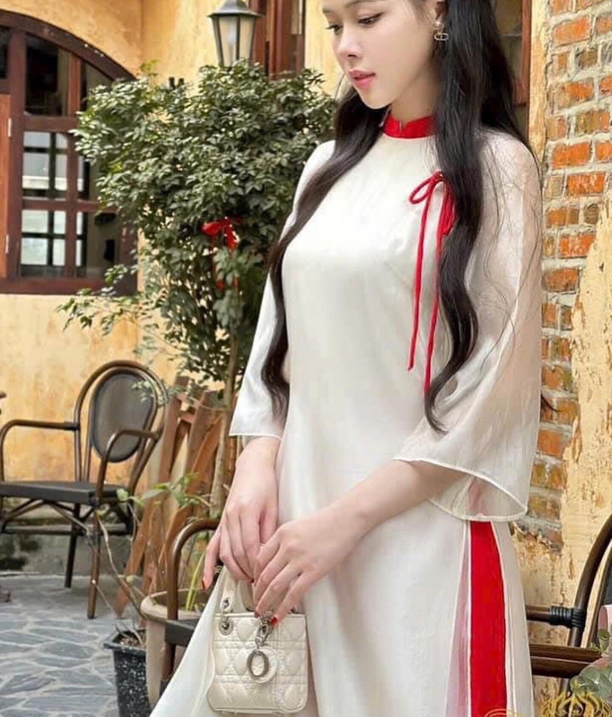 TueHy Vietnamese ao dai beige off-white, pants included