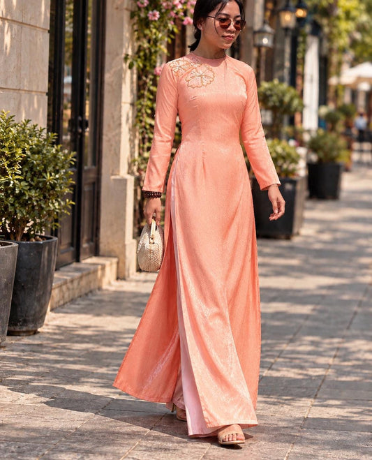 DaoLy Vietnamese aodai beaded floral peach, pants included