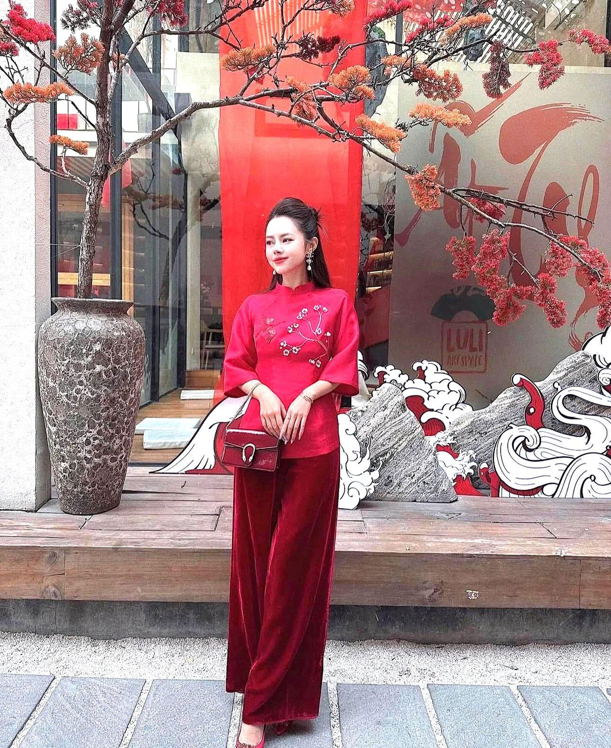 Set of Vietnamese Phap phuc red embroidery and beaded, velvet pants included