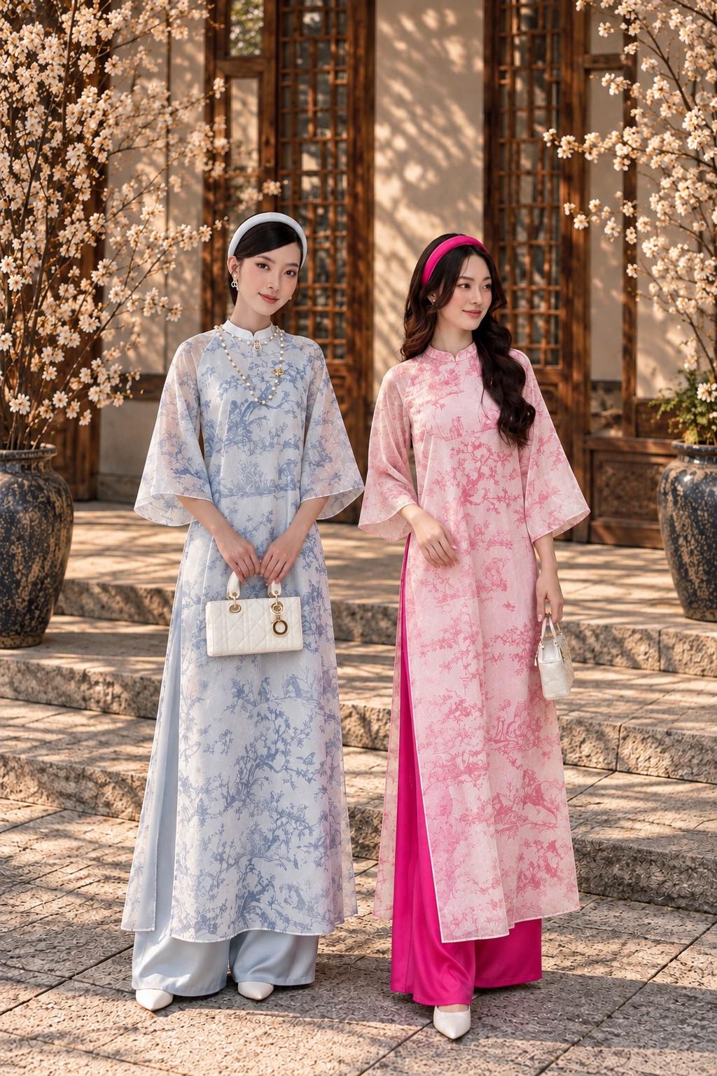 BLan Vietnamese aodai blue and pink, pants included