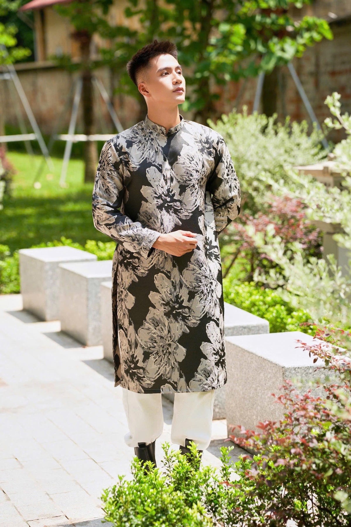 Vietnamese aodai for men black gold floral ao dai nam