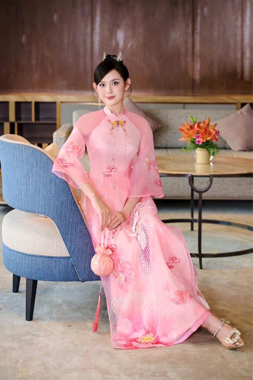 Vietnamese ao dai LK embroidery beaded pink phoenix aodai, pants included