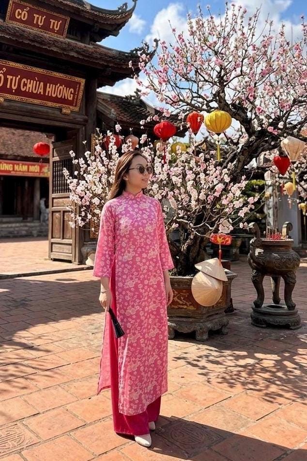 Vietnamese aodai gam Dao pink , pants included