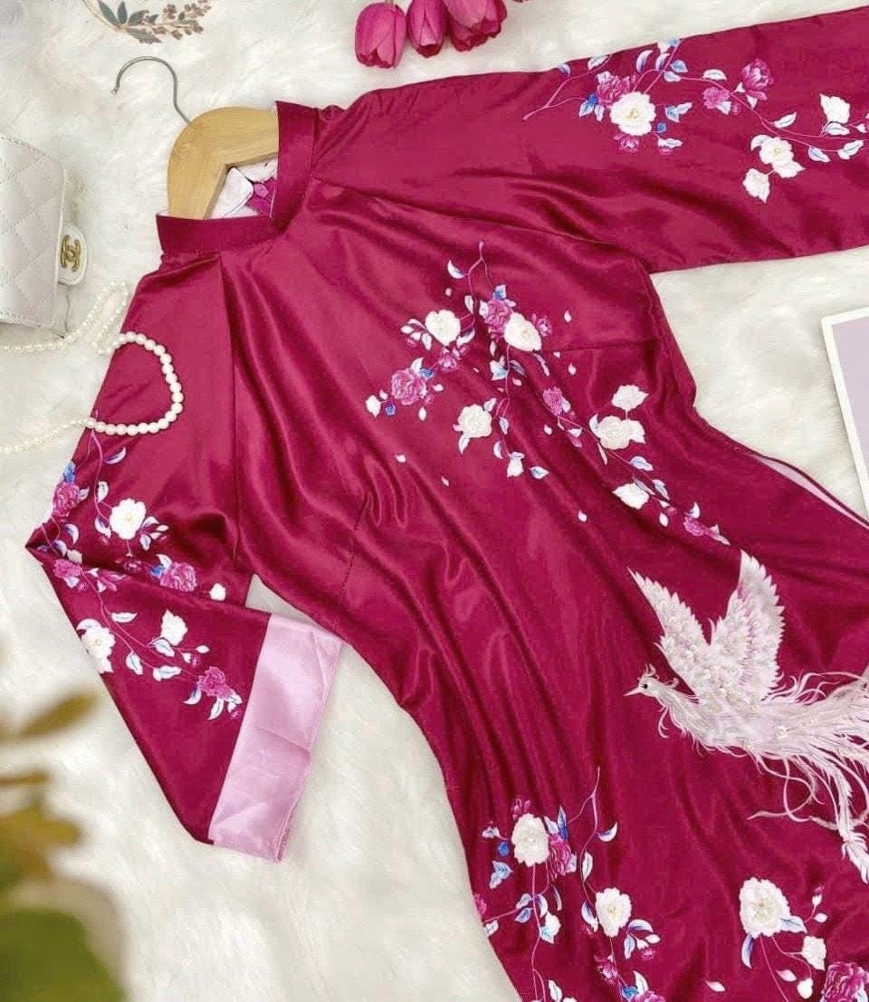 Vietnamese ao dai XuanHy dark pink loose style, pants included