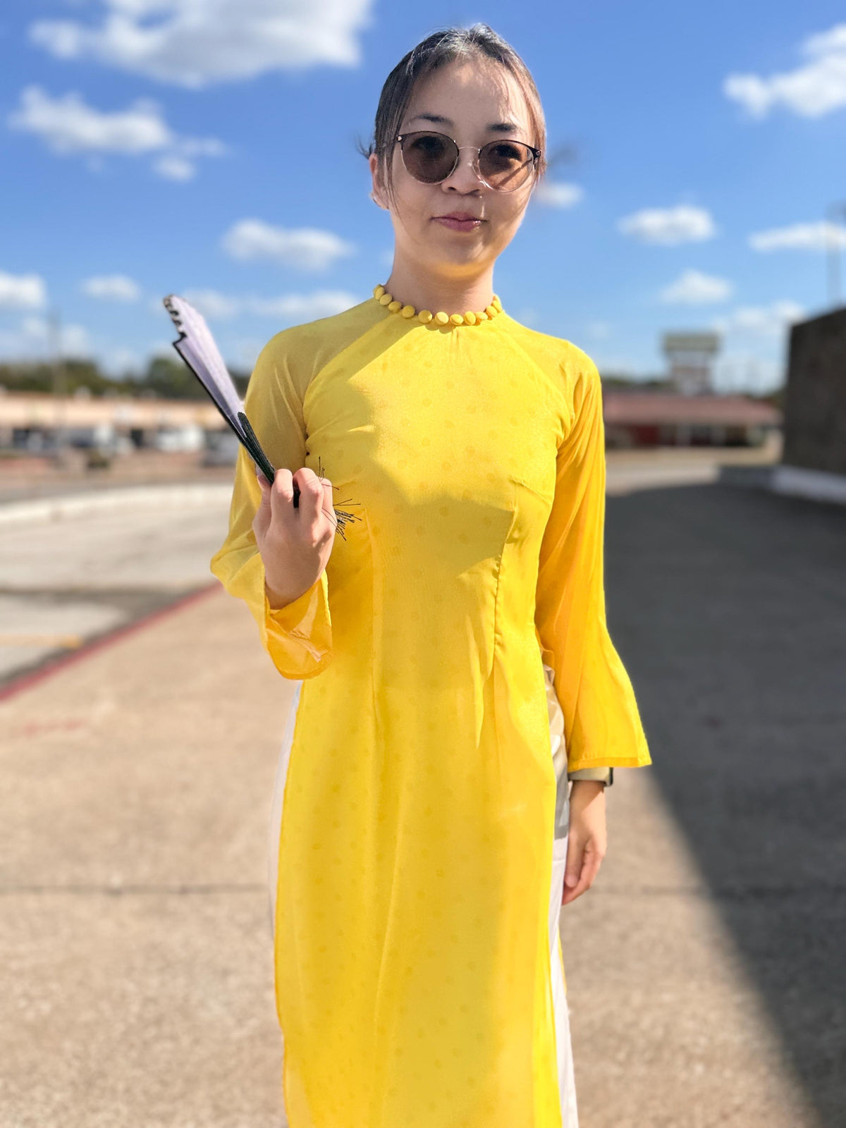 Vietnamese ao dai PolkaDot yellow, pants included