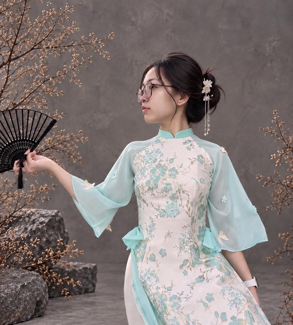 HoaMai Vietnamese ao dai 3D texture with gold thread green, pants included