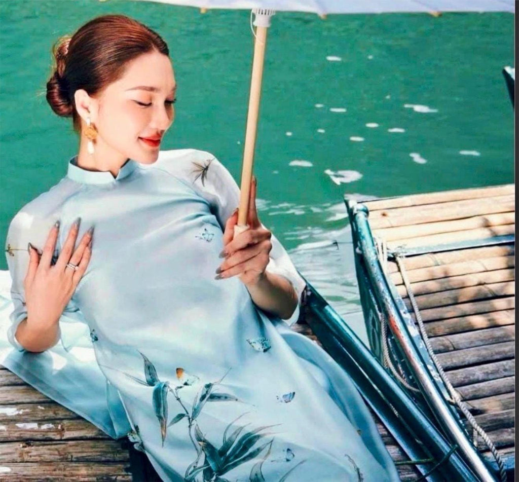 TrucHy Vietnamese ao dai ivory and blue, pants included