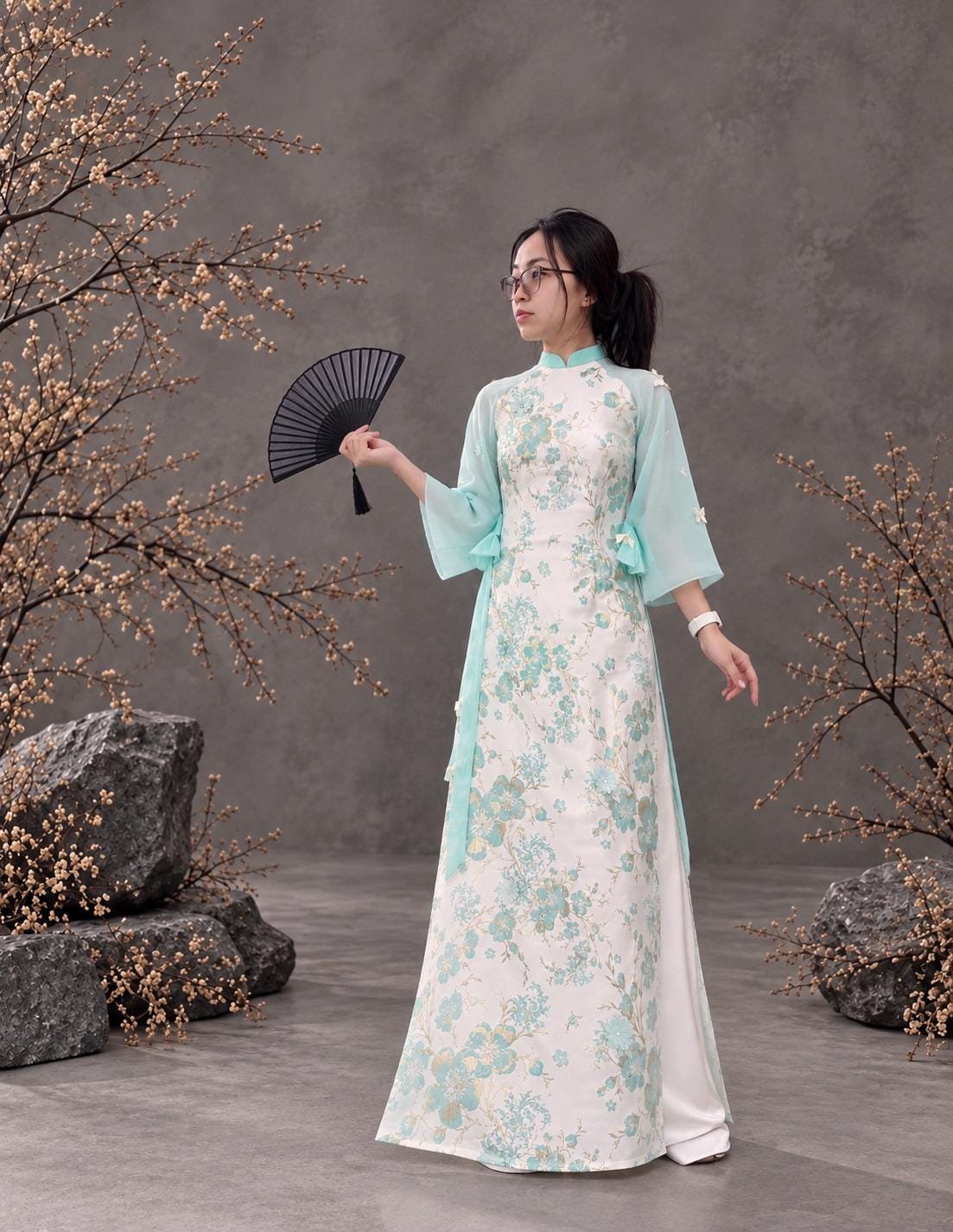 HoaMai Vietnamese ao dai 3D texture with gold thread green, pants included
