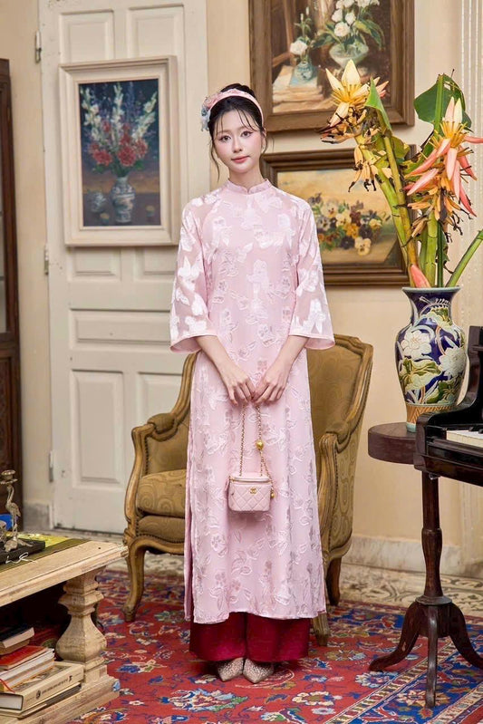 Flora Vietnamese aodai 3D imprint aodai pink, pants included