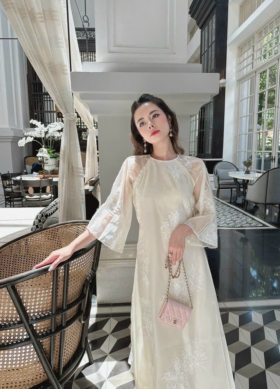 Vietnamese aodai QuynhDaren ivory cream, pants included