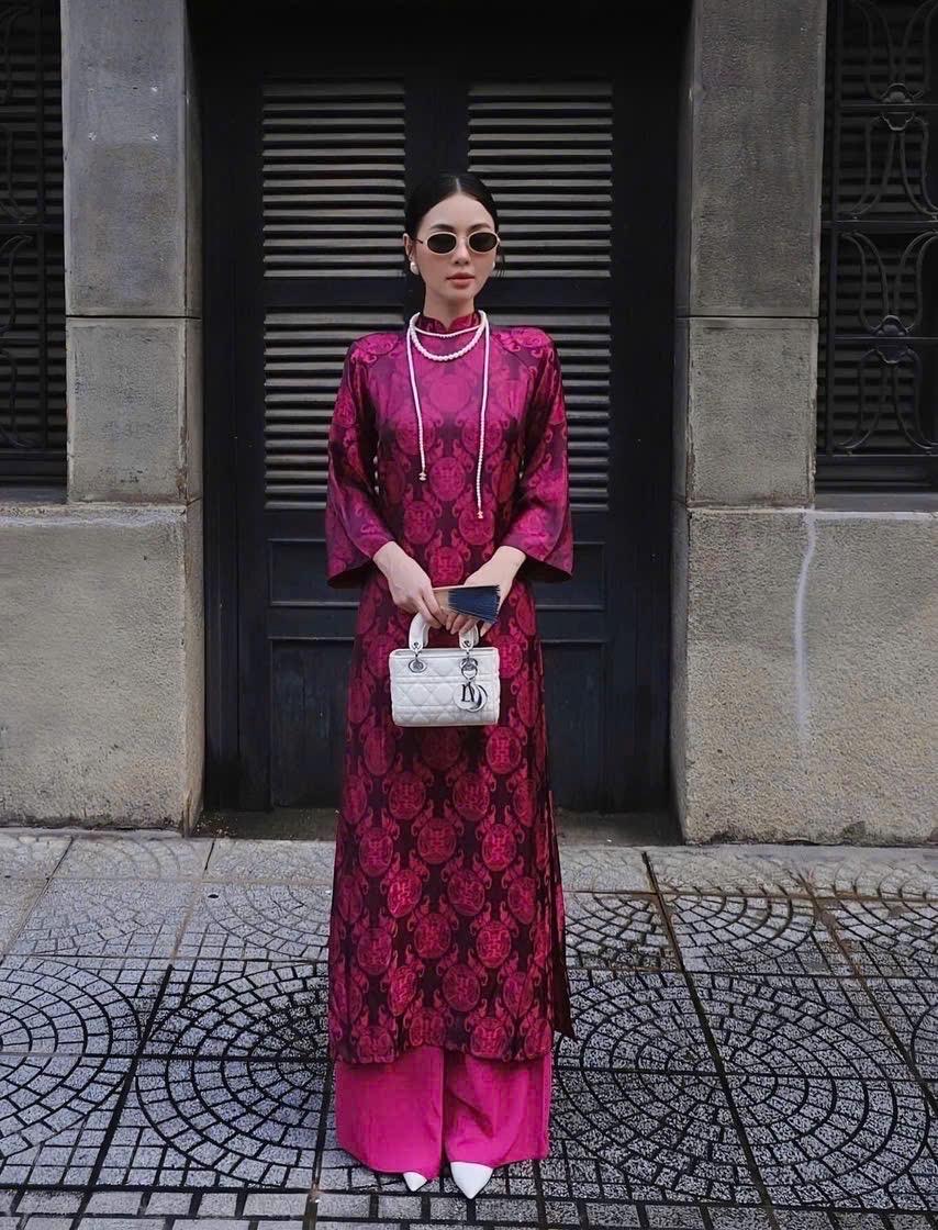 ThoCam Vietnamese ao dai fuchsia pink, pants included