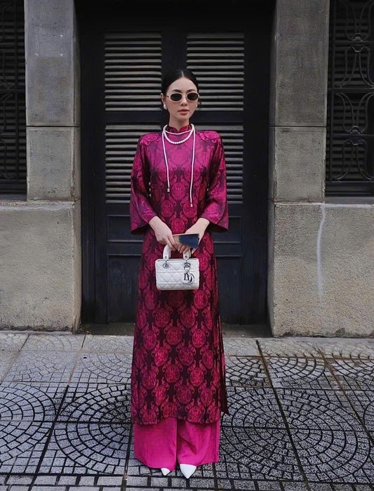 ThoCam Vietnamese ao dai fuchsia pink, pants included
