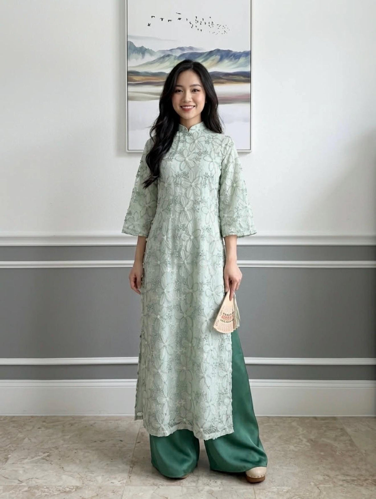 NhuHien Vietnamese aodai 3d floral in pink, creamy white or mint, pants included